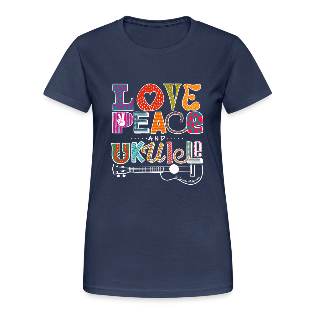 Ukulele Damen T-Shirt - "Love, Peace & Ukulele" - Navy