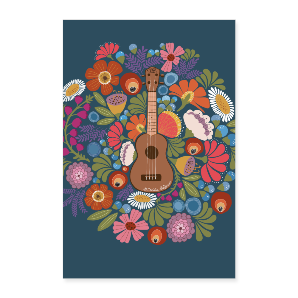 Ukulele Poster 40x60 cm - handgezeichnetes Blumen-Design - Weiß