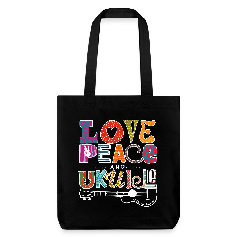 Baumwoll-Stoffbeutel mit "Love, Peace & Ukulele"-Design - Schwarz