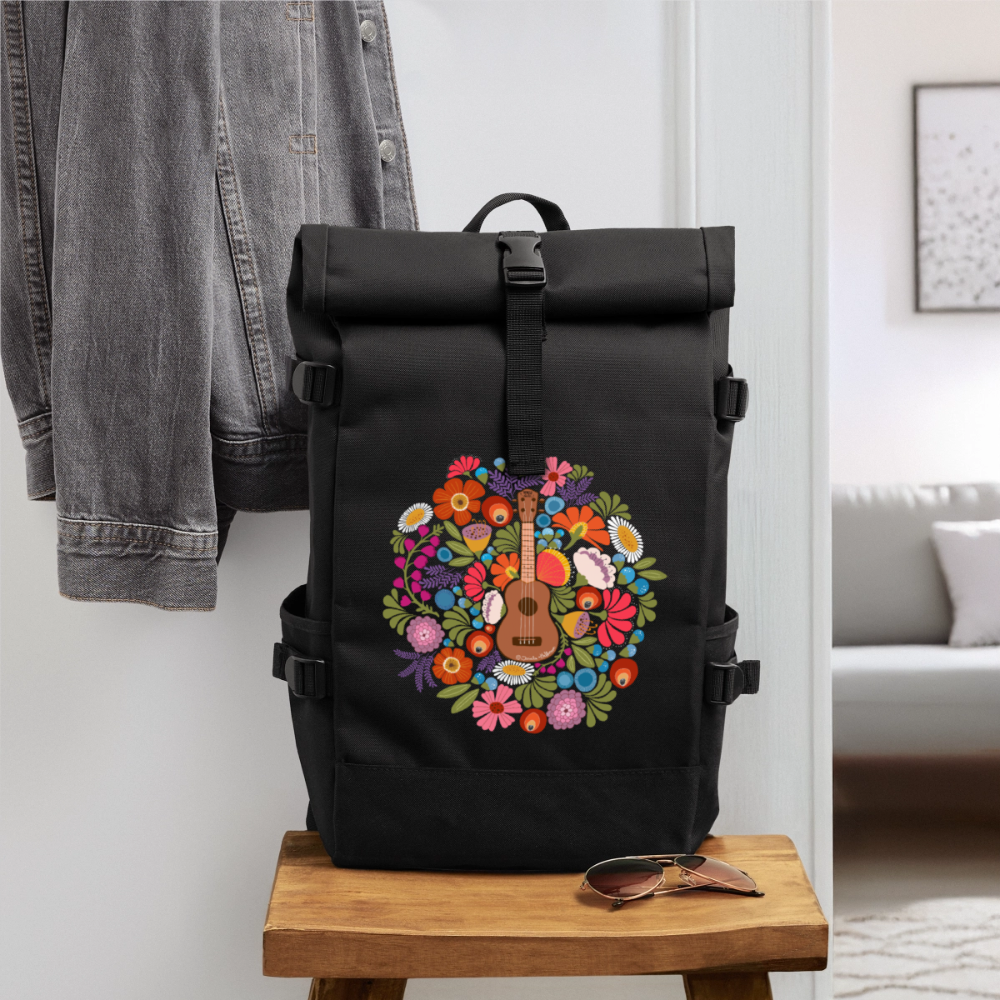 Ukulele Rolltop Rucksack "Ukulele im Blumenmeer" - Schwarz
