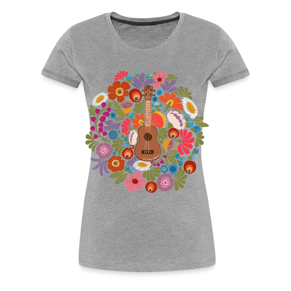 Damen Premium T-Shirt - Ukulele im Blumenmeer - Grau meliert