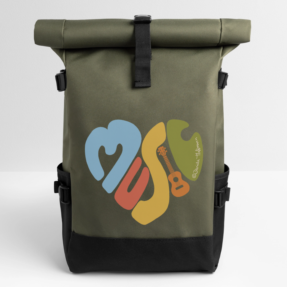 Ukulele Rolltop Rucksack "Music love" - Olive/Schwarz