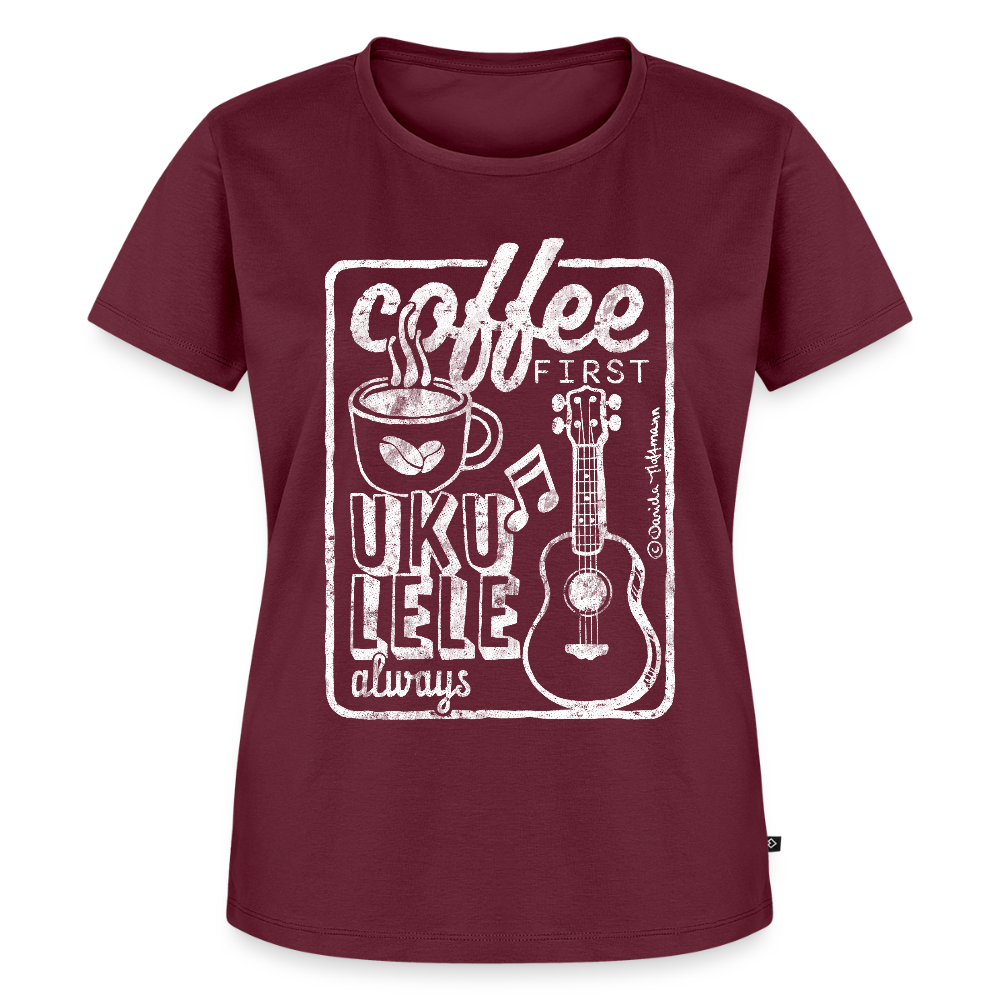 Damen Premium T-Shirt - "Coffee & Ukulele" - Burgunderrot