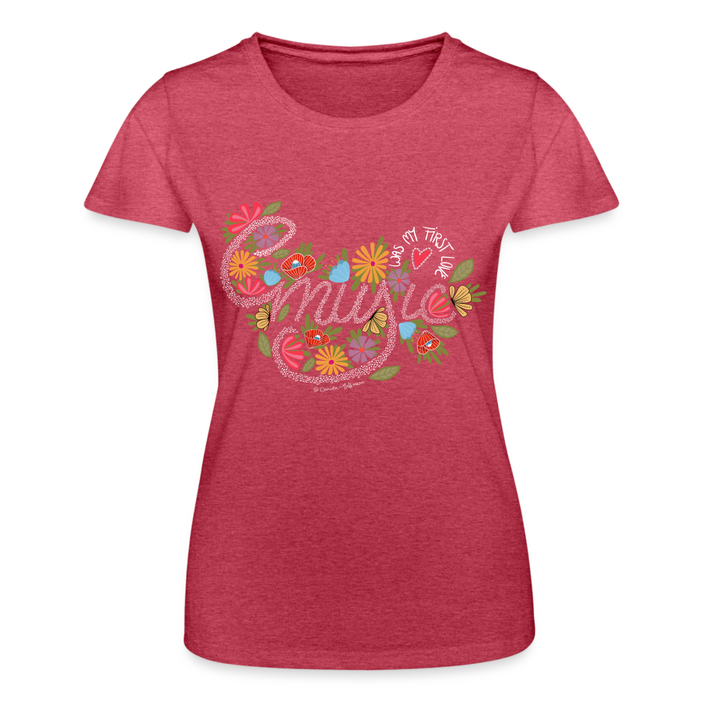Damen T-Shirt "Music was my first love" – Handgezeichnetes Design - Rot meliert