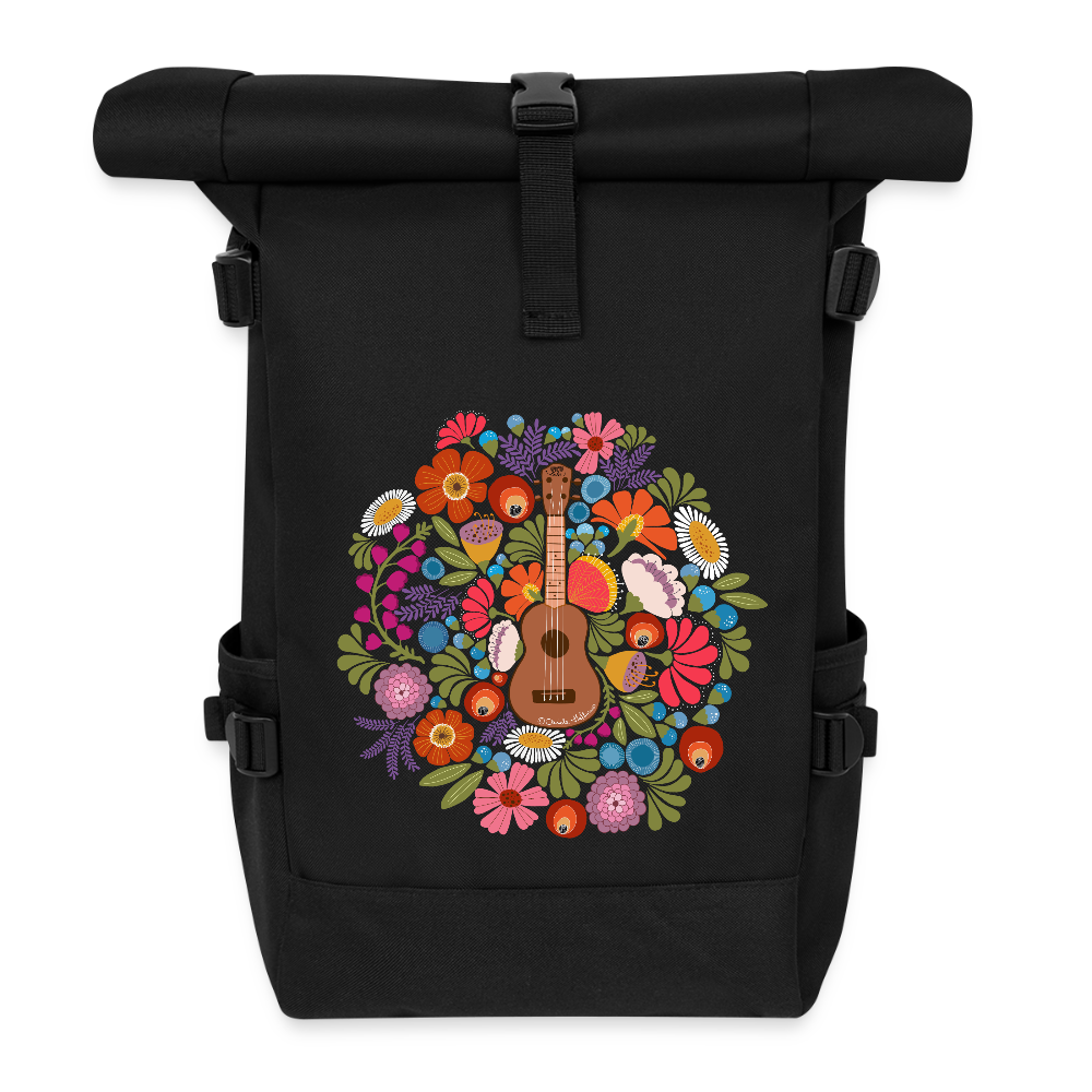 Ukulele Rolltop Rucksack "Ukulele im Blumenmeer" - Schwarz