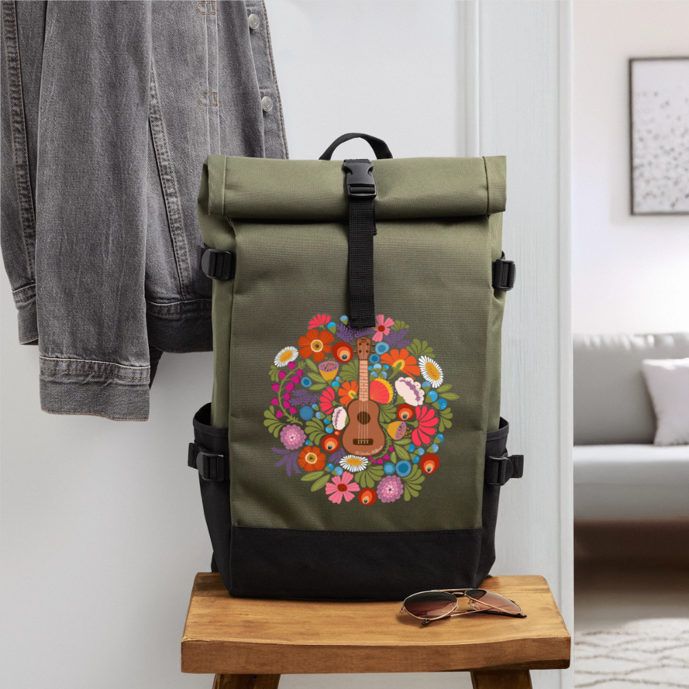 Ukulele Rolltop Rucksack "Ukulele im Blumenmeer" - Olive/Schwarz