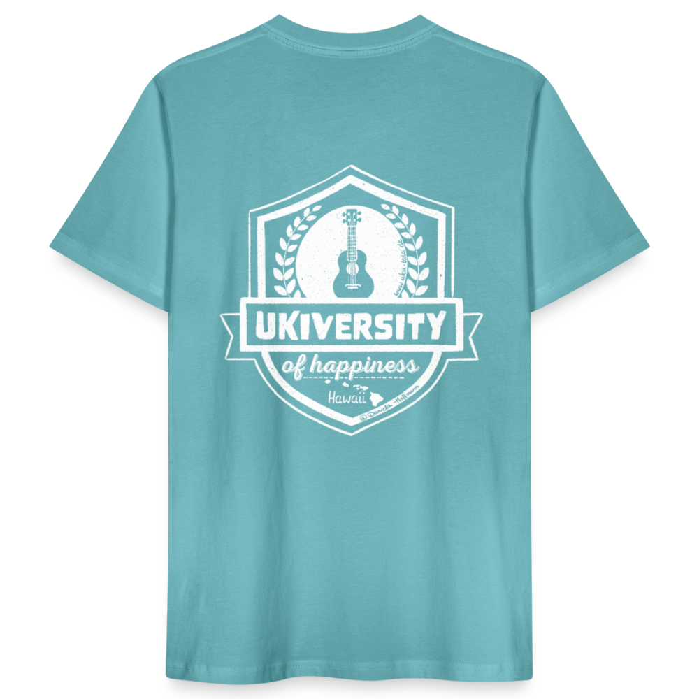 Ukulele T-Shirt Unisex - "Ukiversity of happiness" - Pastelltürkis - Ukulele Geschenk