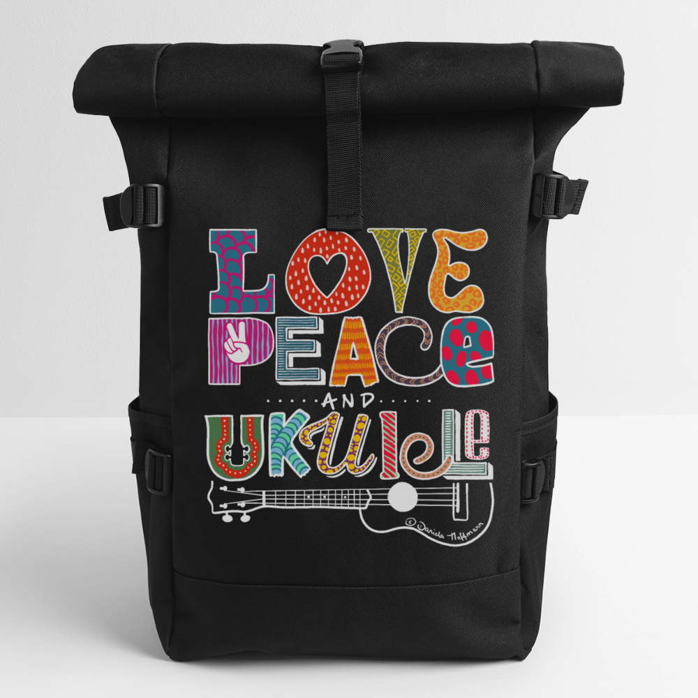 Ukulele Rolltop Rucksack "Love, Peace & Ukulele" - Schwarz