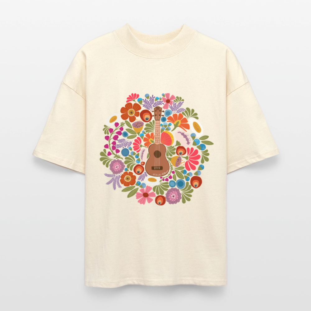 Ukulele Damen T-Shirt - "Ukulele im Blumenmeer" - CURVY VIBES - Weißgrau