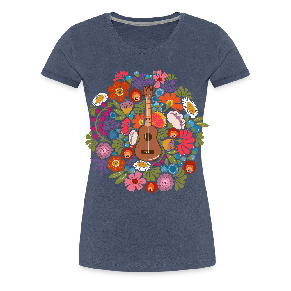 Damen Premium T-Shirt - Ukulele im Blumenmeer - Blau meliert