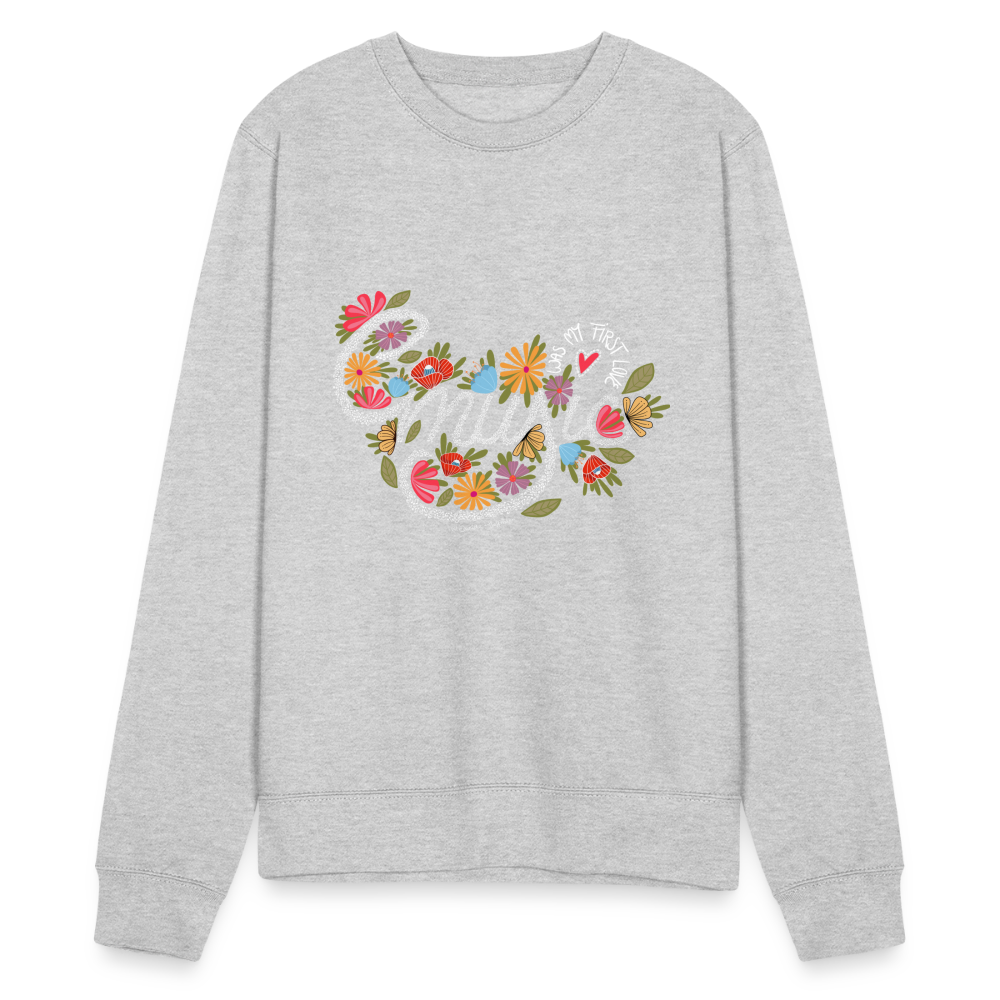 Ukulele Sweatshirt - "Music was my first love" - handgezeichnetes Design - Weißgrau meliert