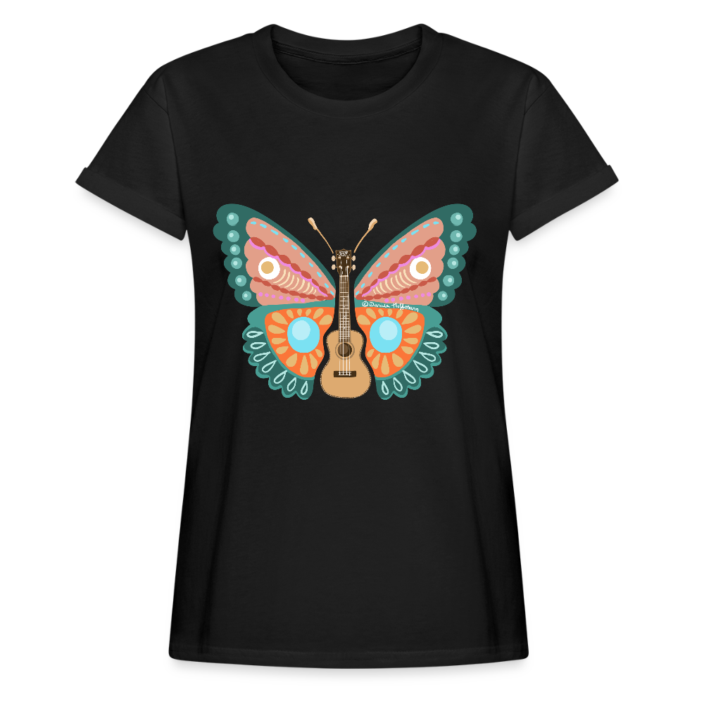 Ukulele Damen T-Shirt - "Ukulele-Schmetterling" - Schwarz