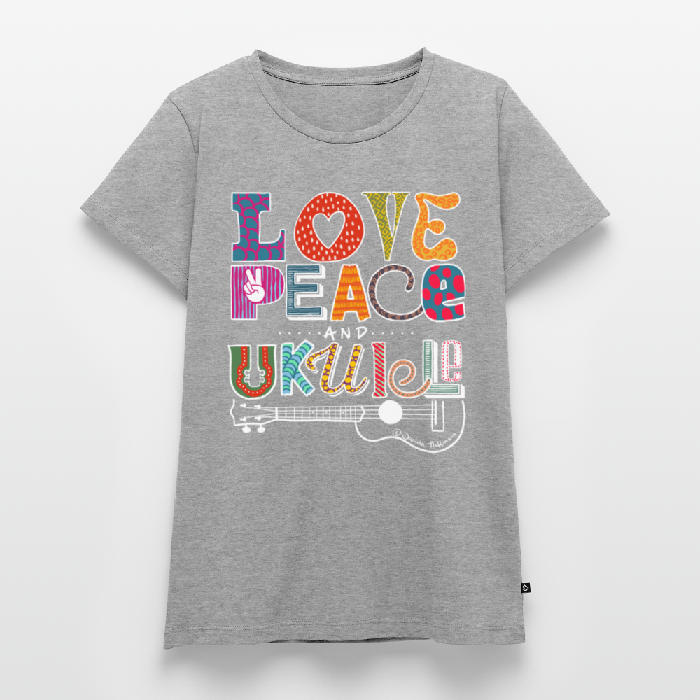 Damen Premium T-Shirt - „Love, Peace & Ukulele" - Grau meliert