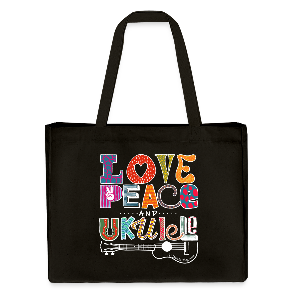 Ukulele Shopping Tasche - "Love, Peace & Ukulele" - Schwarz