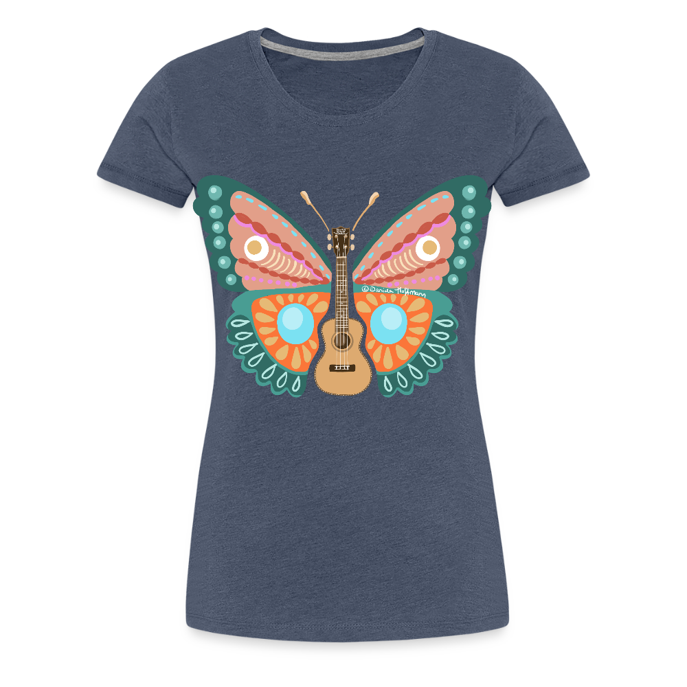 Damen Premium T-Shirt - "Ukulele Schmetterling" - Blau meliert