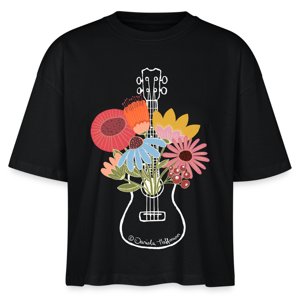 Ukulele Damen-Shirt "Flower Power" - Relaxed Fit - Schwarz