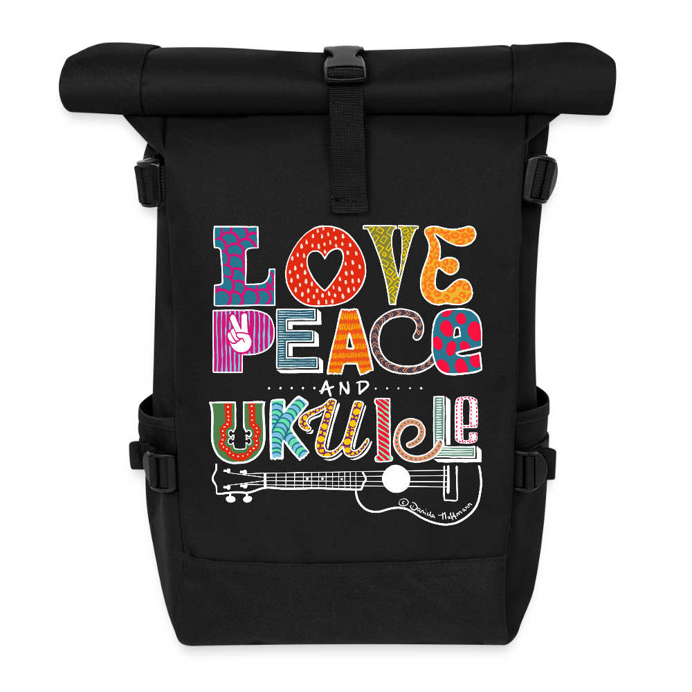 Ukulele Rolltop Rucksack "Love, Peace & Ukulele" - Schwarz