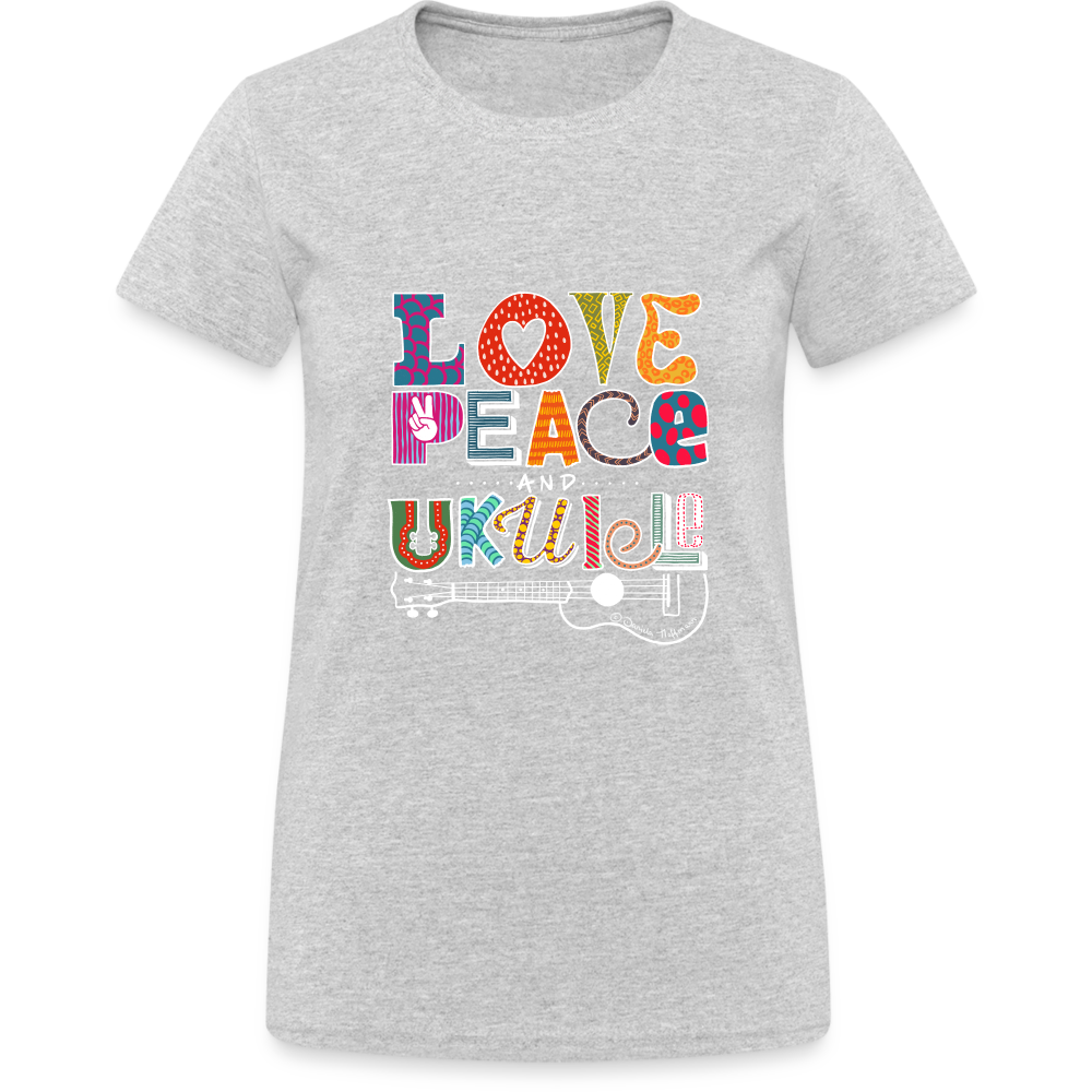 Ukulele Damen T-Shirt - "Love, Peace & Ukulele" - Grau meliert