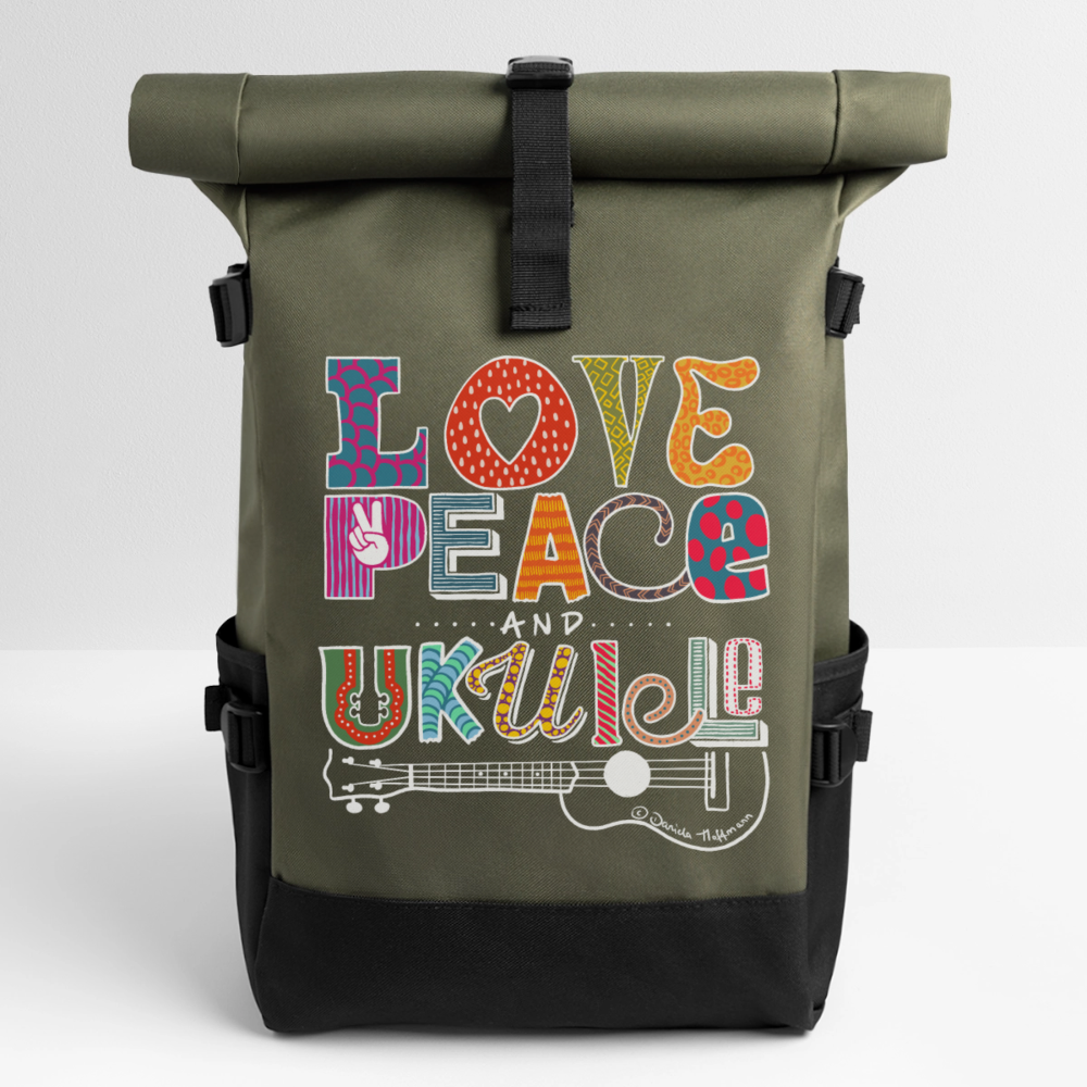 Ukulele Rolltop Rucksack "Love, Peace & Ukulele" - Olive/Schwarz