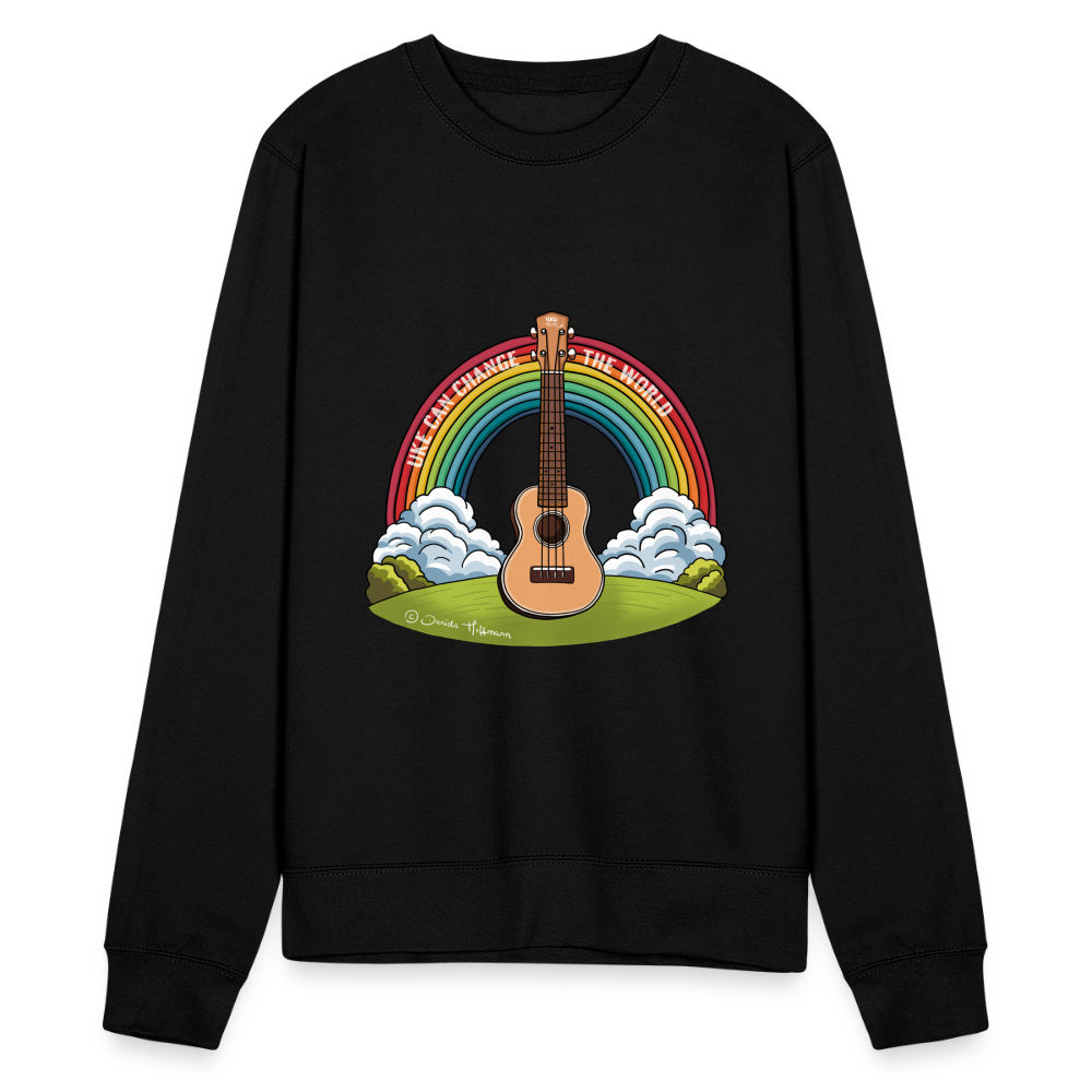 Ukulele Sweatshirt Unisex - mit Regenbogenmotiv "Uke can change the world" - Schwarz