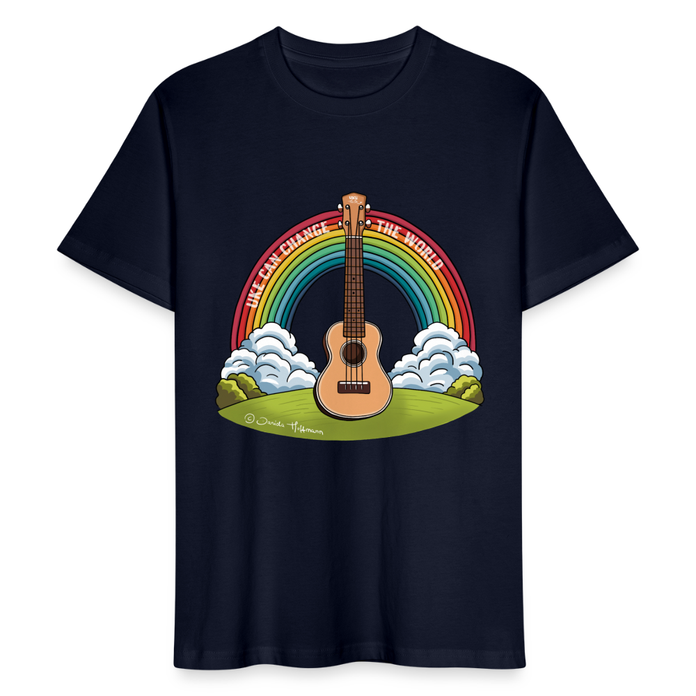 Ukulele T-Shirt Unisex - mit Regenbogen-Motiv "Uke can change the world" - Navy