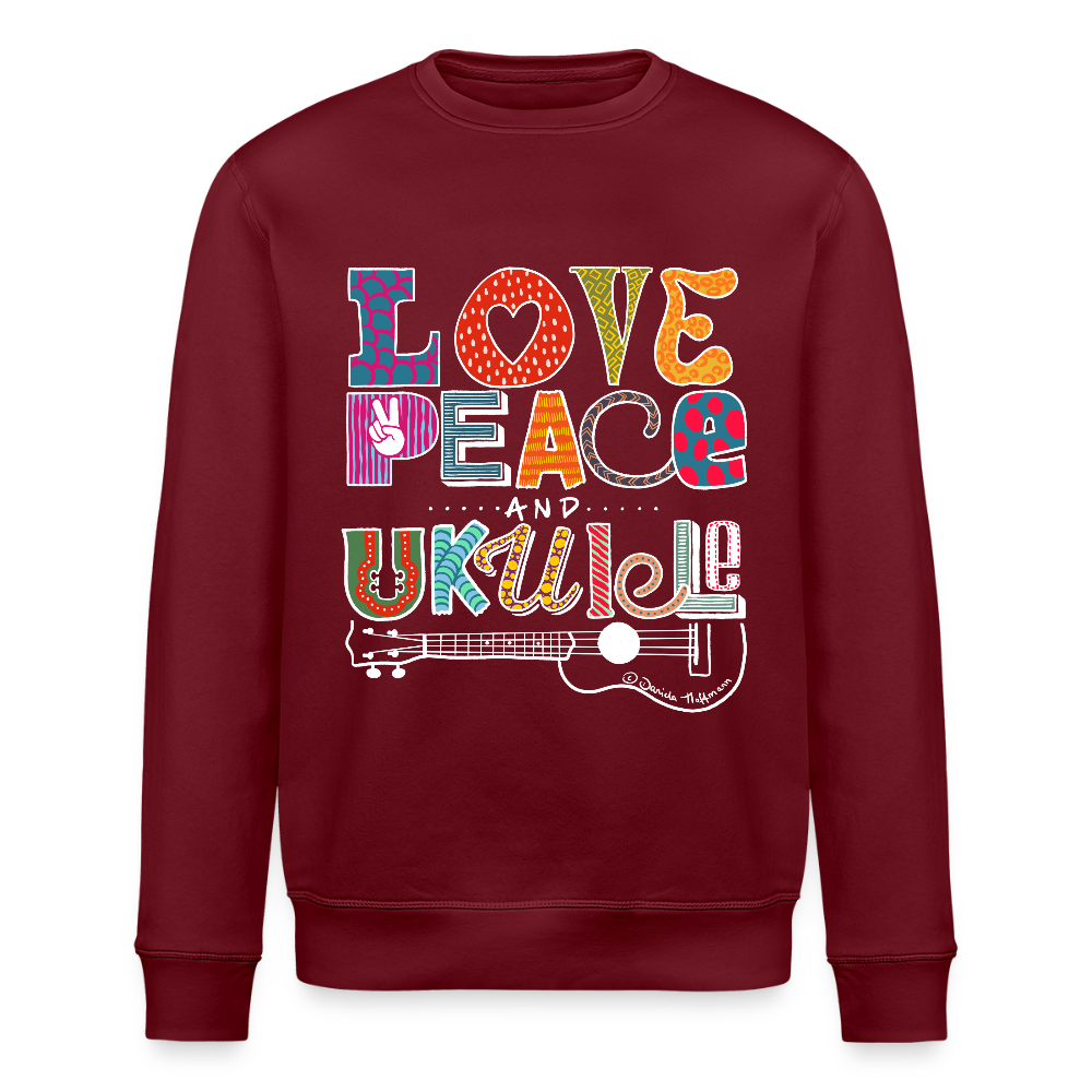 Ukulele-Sweatshirt - "LOVE, PEACE & UKULELE" - Burgunderrot