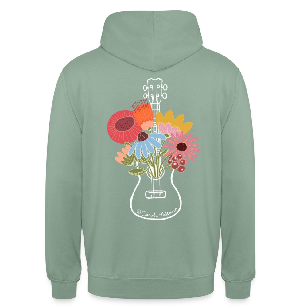 Ukulele Unisex Hoodie - "Flower Power" - Graugrün