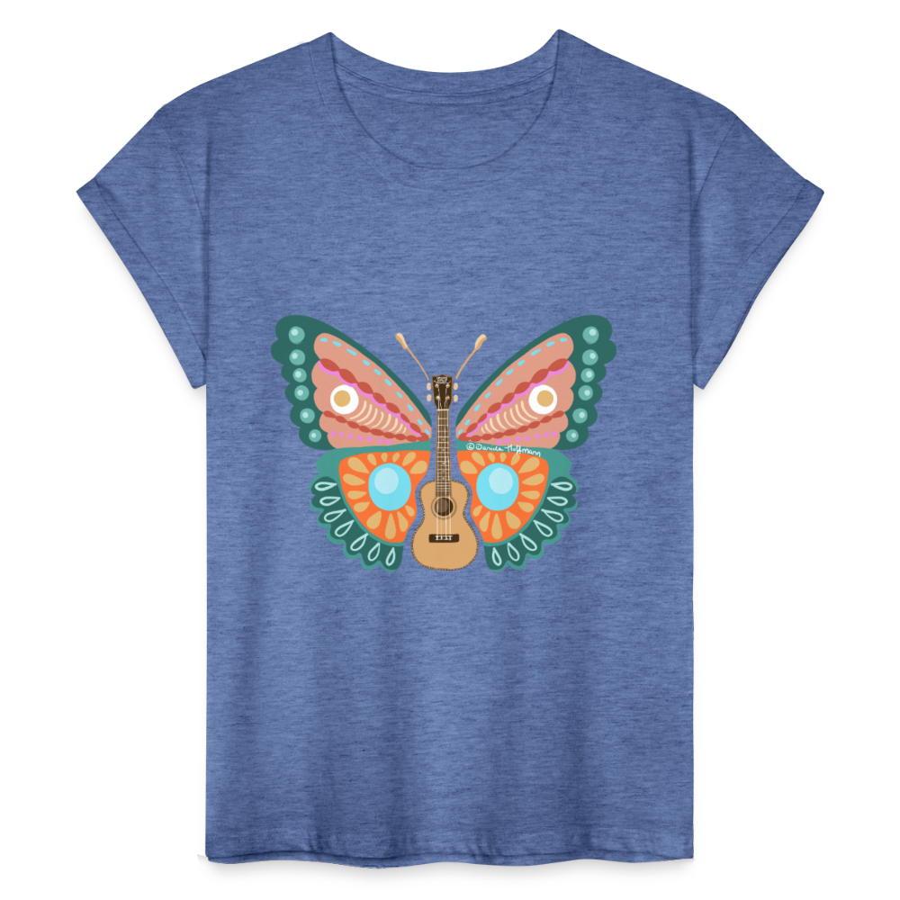 Ukulele Damen T-Shirt - "Ukulele-Schmetterling" - Denim meliert