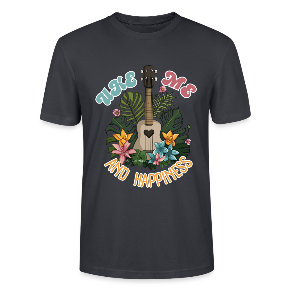 Ukulele T-Shirt - "Uke, me and happiness" - Dunkles Graublau