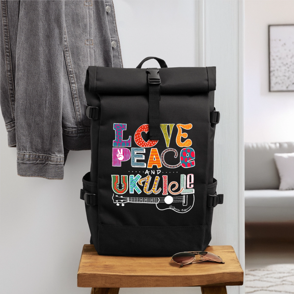 Ukulele Rolltop Rucksack "Love, Peace & Ukulele" - Schwarz