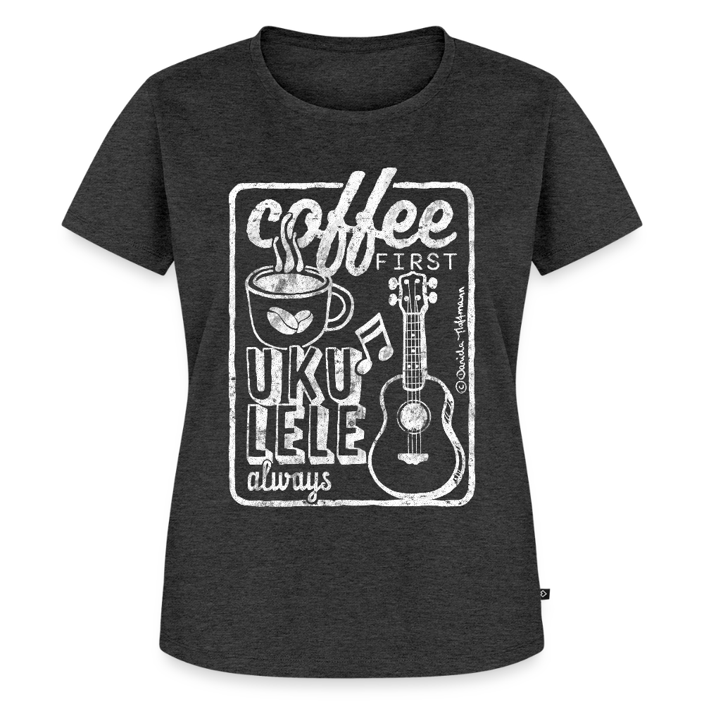 Damen Premium T-Shirt - "Coffee & Ukulele" - Anthrazit meliert