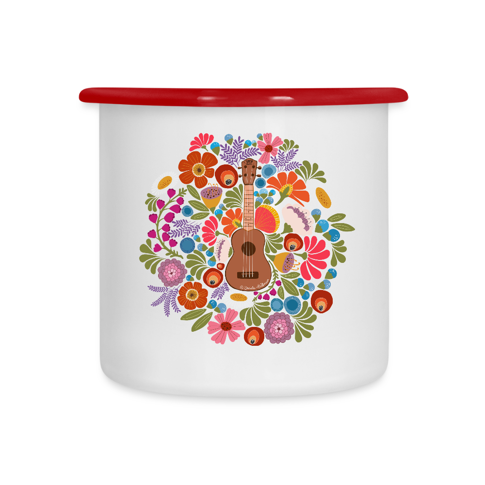Ukulele Emaille-Tasse - Ukulele im Blumenmeer - Weiß/Rot