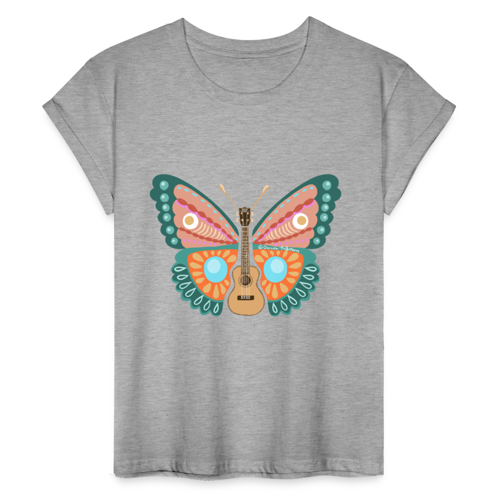 Ukulele Damen T-Shirt - "Ukulele-Schmetterling" - Grau meliert