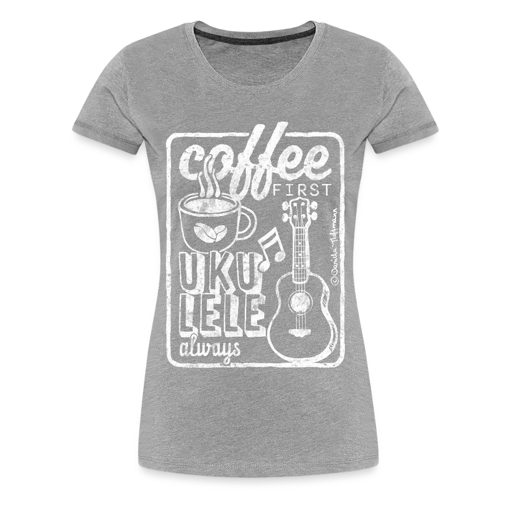 Damen Premium T-Shirt - "Coffee & Ukulele" - Grau meliert