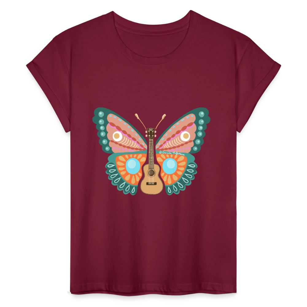 Ukulele Damen T-Shirt - "Ukulele-Schmetterling" - Bordeaux