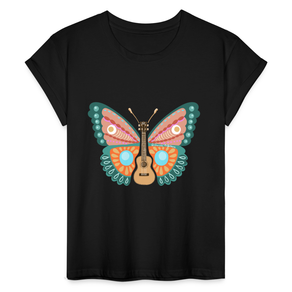 Ukulele Damen T-Shirt - "Ukulele-Schmetterling" - Schwarz