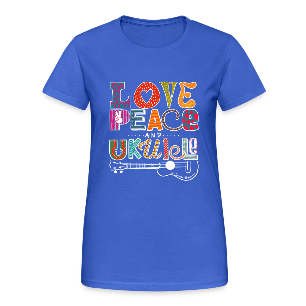 Ukulele Damen T-Shirt - "Love, Peace & Ukulele" - Königsblau