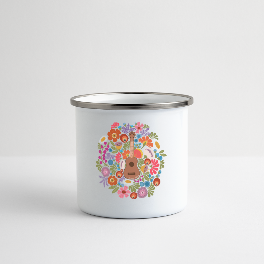 Ukulele Emaille-Tasse - Ukulele im Blumenmeer - Weiß