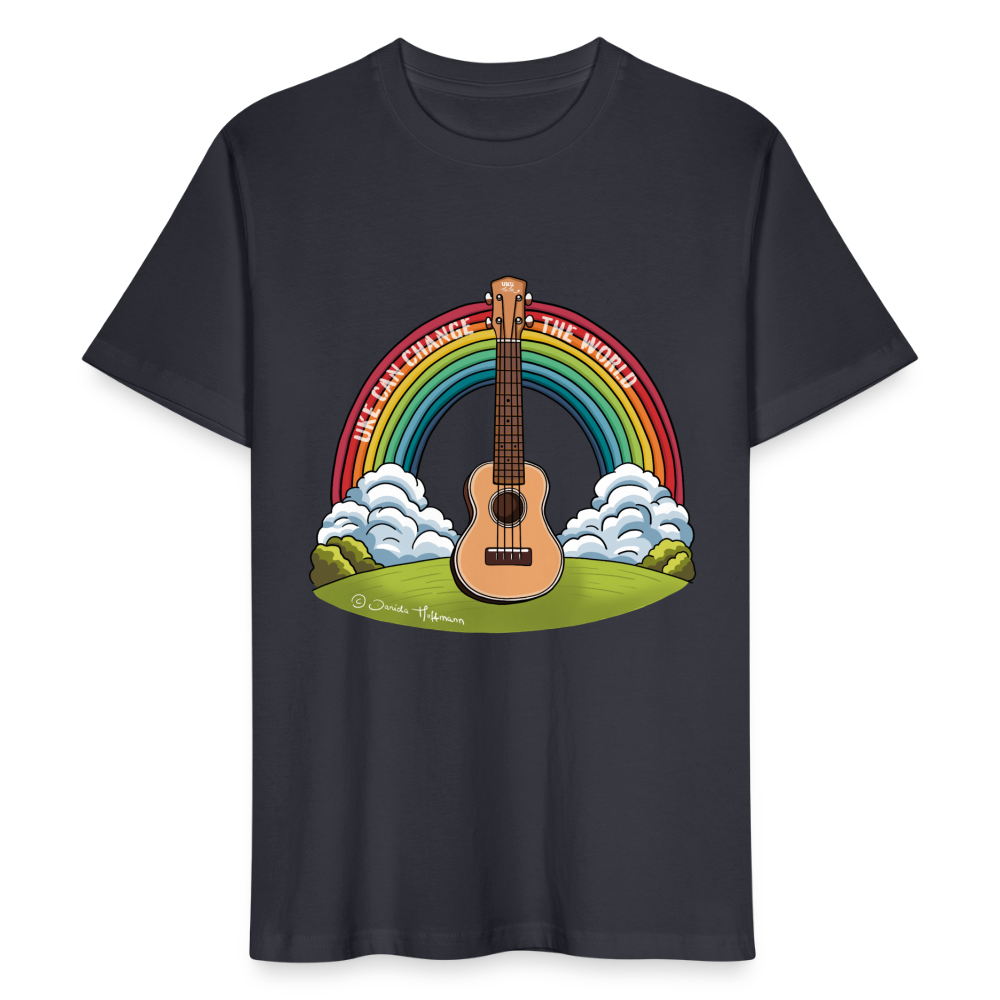 Ukulele T-Shirt Unisex - mit Regenbogen-Motiv "Uke can change the world" - Dunkles Graublau