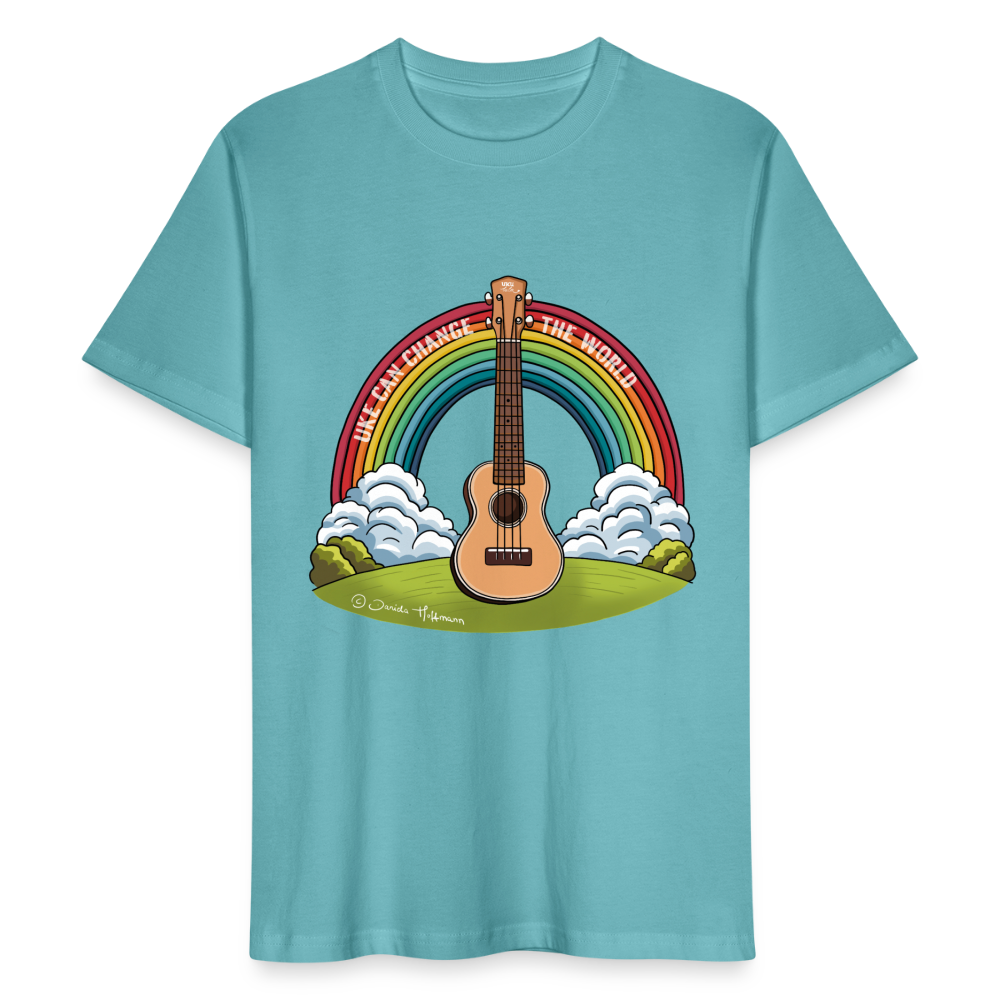 Ukulele T-Shirt Unisex - mit Regenbogen-Motiv "Uke can change the world" - Pastelltürkis