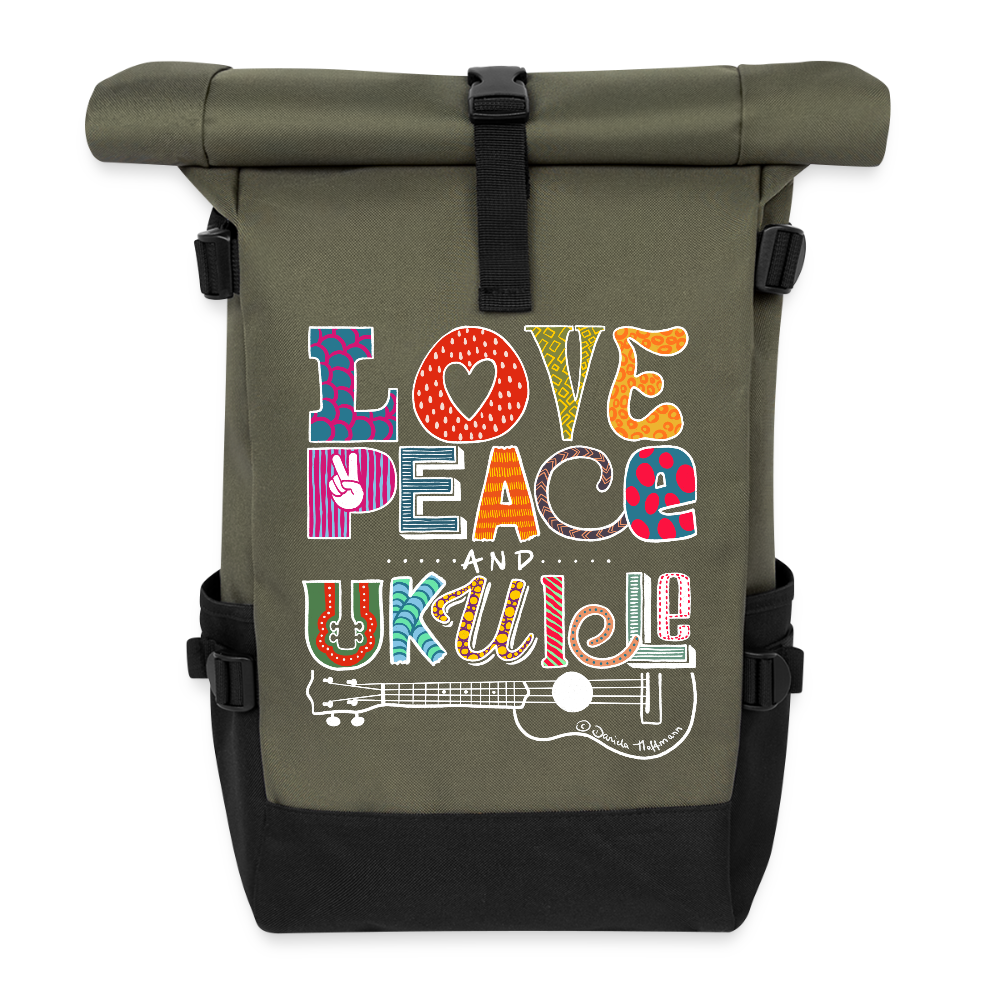 Ukulele Rolltop Rucksack "Love, Peace & Ukulele" - Olive/Schwarz