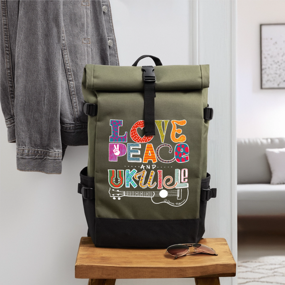 Ukulele Rolltop Rucksack "Love, Peace & Ukulele" - Olive/Schwarz