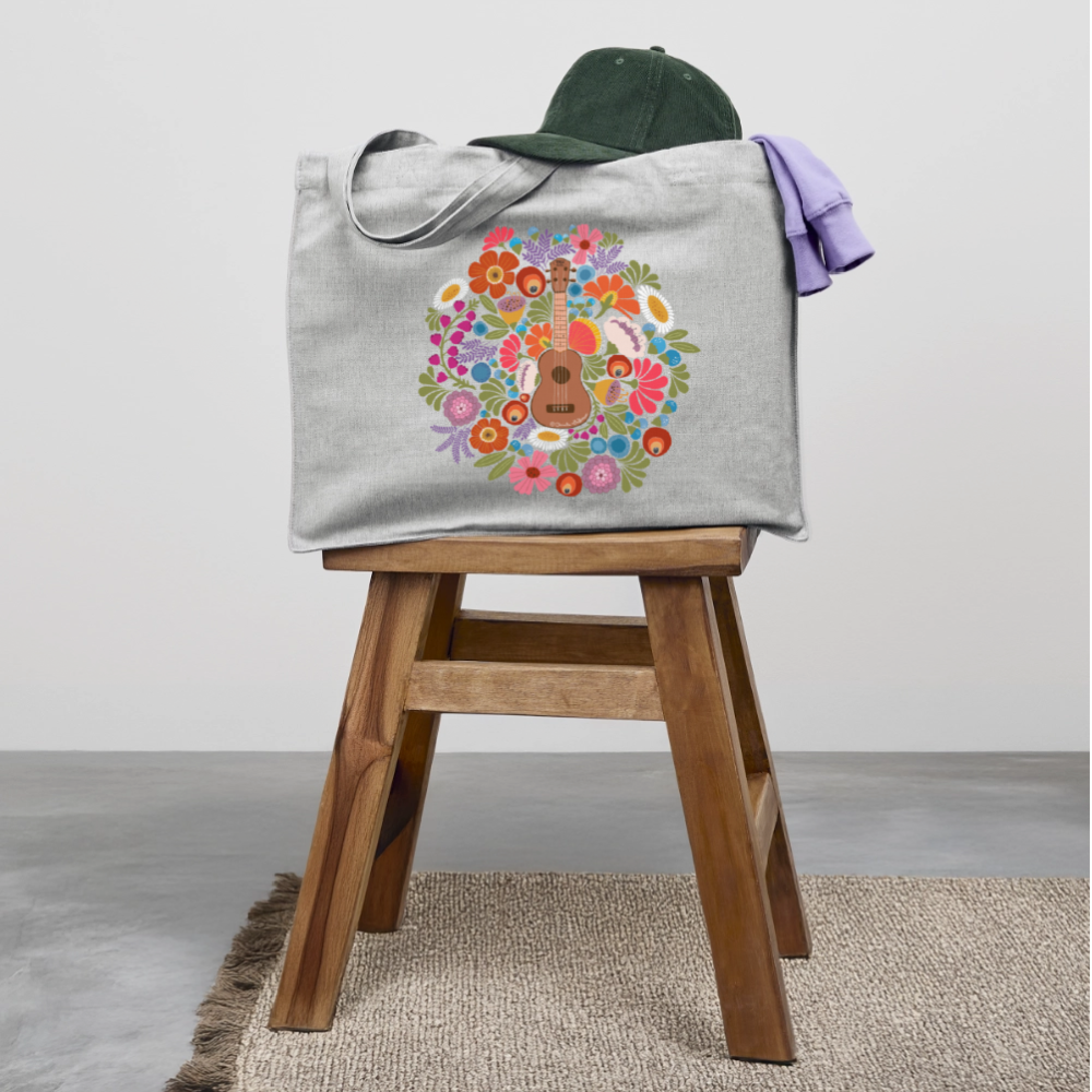 Ukulele Shopping Tasche - Ukulele im Blumenmeer - Grau meliert