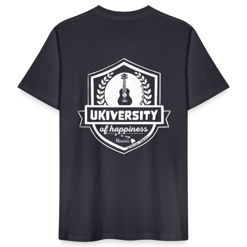 Ukulele T-Shirt Unisex - "Ukiversity of happiness" - Dunkles Graublau