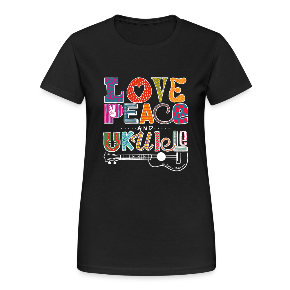 Ukulele Damen T-Shirt - "Love, Peace & Ukulele" - Schwarz