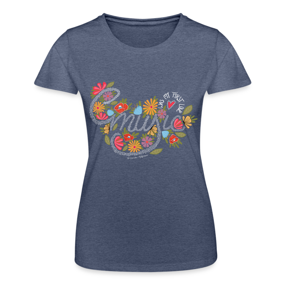 Damen T-Shirt "Music was my first love" – Handgezeichnetes Design - Navy meliert
