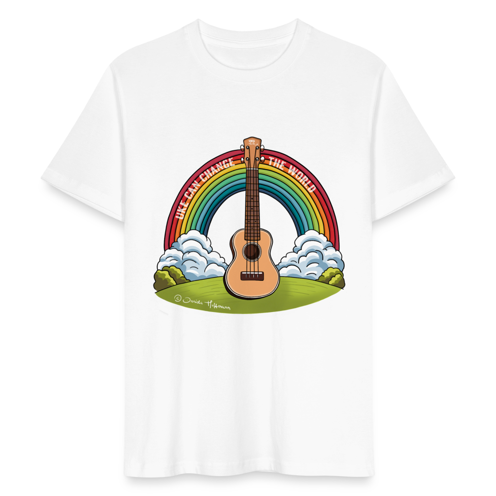 Ukulele T-Shirt Unisex - mit Regenbogen-Motiv "Uke can change the world" - Weiß