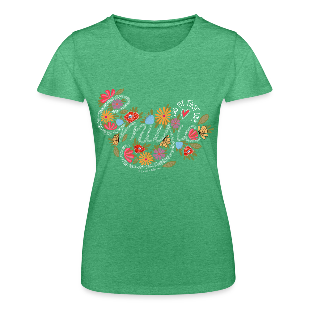 Damen T-Shirt "Music was my first love" – Handgezeichnetes Design - Grün meliert
