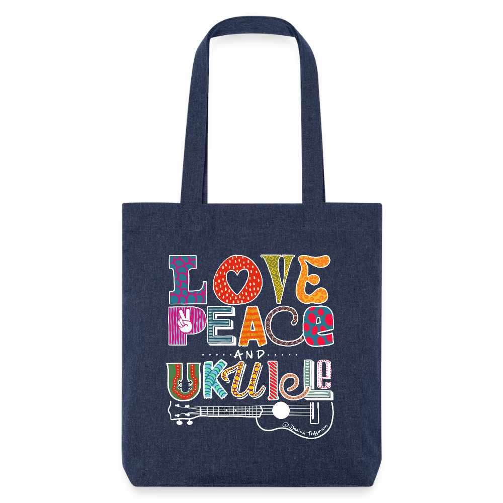 Baumwoll-Stoffbeutel mit "Love, Peace & Ukulele"-Design - melange Blue