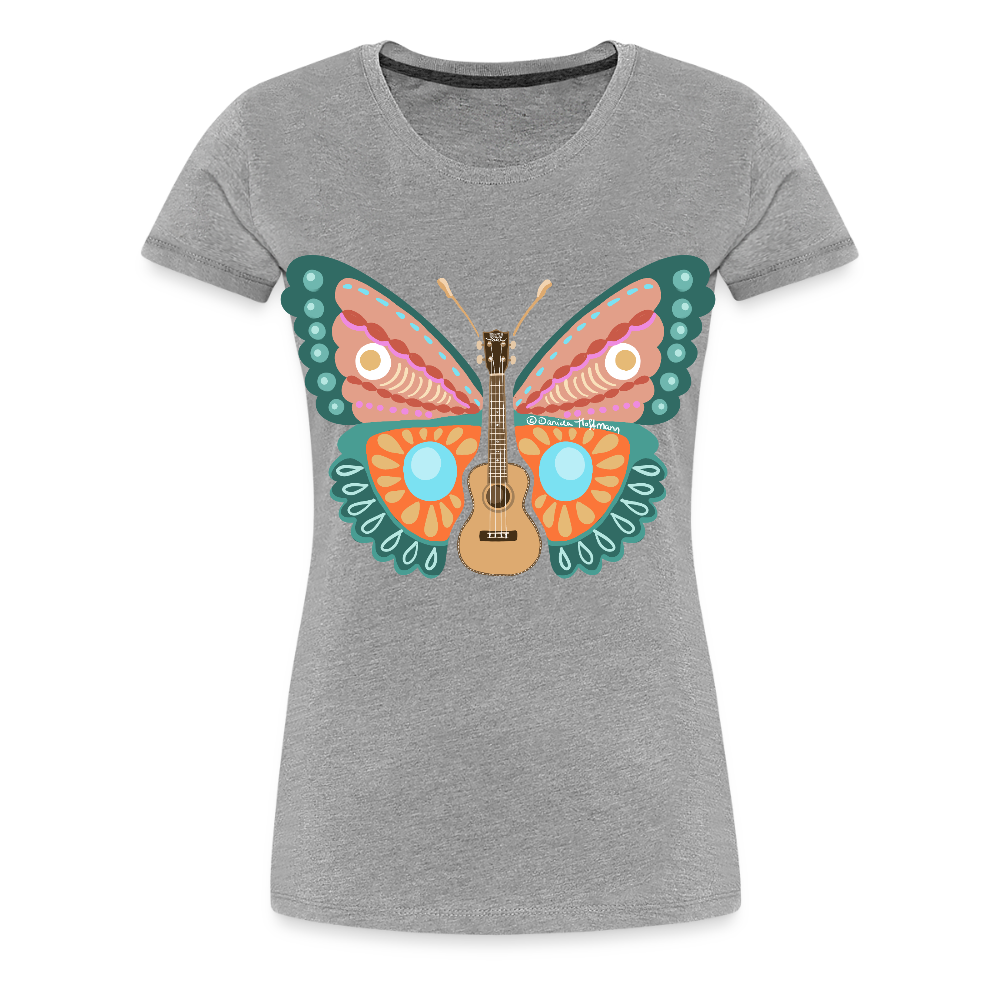 Damen Premium T-Shirt - "Ukulele Schmetterling" - Grau meliert